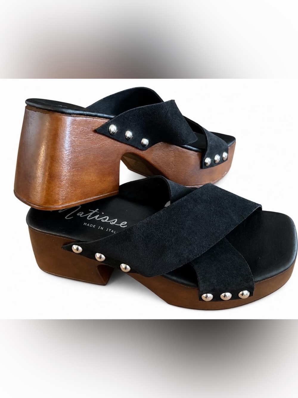 Matisse Black Suede Studded Wooden Platform Clogs